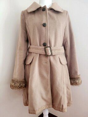 AXES FEMME Lace Embroidered Brown Belted Coat w/ Fur Trim